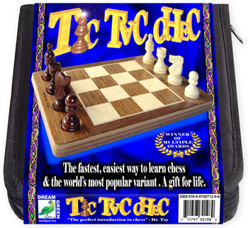 Tic Tac Chec game by Dream Green featuring a chessboard design with wooden chess pieces. The packaging highlights its status as an award-winning game, emphasizing it's the fastest and easiest way to learn chess, geared towards newcomers and enthusiasts alike.