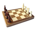 A beautifully crafted wooden chess set featuring a smooth, polished board with alternating light and dark squares. The set includes intricately designed wooden pieces in two colors: rich dark brown and natural wood, ready for a game of strategy and skill.