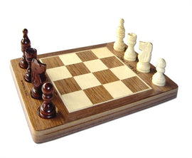 A beautifully crafted wooden chess set featuring a smooth, polished board with alternating light and dark squares. The set includes intricately designed wooden pieces in two colors: rich dark brown and natural wood, ready for a game of strategy and skill.
