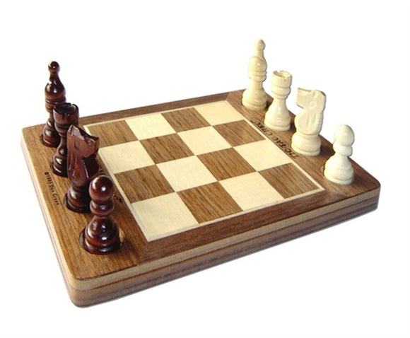 A beautifully crafted wooden chess set featuring a smooth, polished board with alternating light and dark squares. The set includes intricately designed wooden pieces in two colors: rich dark brown and natural wood, ready for a game of strategy and skill.