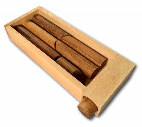 Log Jam premium mechanical puzzle by Creative Craft House, featuring several wooden rods and a sleek storage box. The rods fit into a wooden frame, challenging users to arrange them in order or remove them strategically for a fun and engaging brain teaser experience.