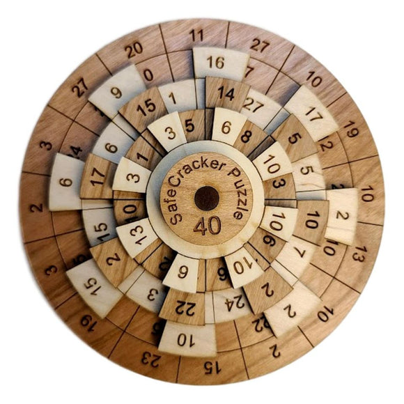 The Safecracker 40 is a circular mechanical puzzle featuring concentric rings with numbered wooden pieces that rotate. The central piece displays 'SafeCracker Puzzle 40'. The design uses a mix of light and dark wood tones, creating an engaging visual challenge that stimulates the mind.