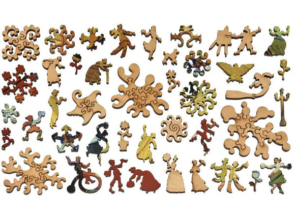 A collection of intricately designed jigsaw puzzle pieces from the Night Cafe puzzle by Liberty Puzzles. The pieces feature vibrant colors and whimsical shapes, including figures of dancers, flora, and abstract patterns, showcasing unique artistry that adds to the challenging experience of assembling the puzzle.