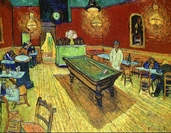 Night Cafe jigsaw puzzle by Liberty Puzzles showcasing a vibrant and dynamic interior scene based on a famous painting. Features warm red walls, a large table, and people engaging in various activities, capturing the essence of a night out. Ideal for puzzle enthusiasts and art lovers alike.