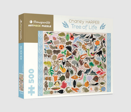 A 500-piece jigsaw puzzle titled 'Tree of Life' by Pomegranate, featuring vibrant, colorful illustrations of animals, plants, and marine life in a whimsical design by Charley Harper. The puzzle box showcases a detailed artwork that emphasizes nature's diversity.