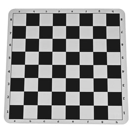 Black silicone chess mat with a classic 8x8 checkered board design. The mat features grid markings for ranks and files, ensuring precise gameplay. Ideal for chess enthusiasts and beginners alike, providing a durable and flexible surface for chess pieces.