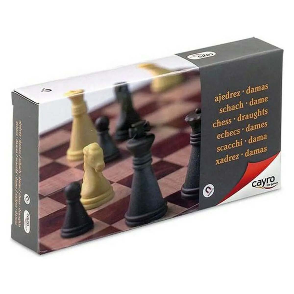 Cayro Magnetic Chess & Draught Set (Small) displayed in its packaging, featuring black and cream chess pieces on a wooden board. The box shows various names for chess in different languages.