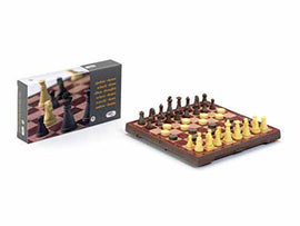 Cayro Magnetic Chess and Draught Set (Small) displayed with pieces in black and yellow on a wooden board. The neatly arranged box shows a chessboard design and is designed for easy storage and portability, perfect for gaming on the go.
