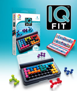 IQ Fit Mechanical Puzzle by SmartGames, featuring colorful puzzle pieces in various shapes. The compact carrying case displays a vibrant arrangement of connected pieces, showcasing a single-player challenge. The included booklet features grid-based challenges, emphasizing logical thinking and spatial awareness for ages 6 and up.