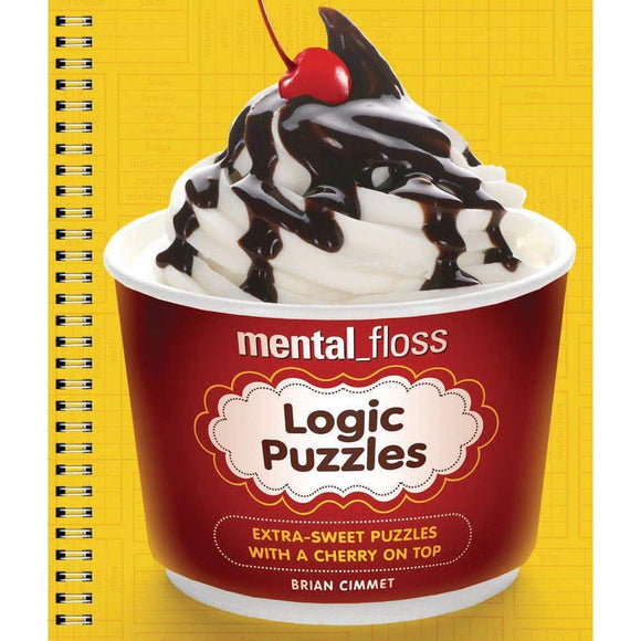 A whimsical container resembling an ice cream cup featuring the title 'Mental Floss Logic Puzzles' with a cherry on top. The design is vibrant and includes a swirling ice cream topping and a dark chocolate drizzle. In the background, there's a yellow notebook with lined pages, suggesting a playful and engaging puzzle experience.