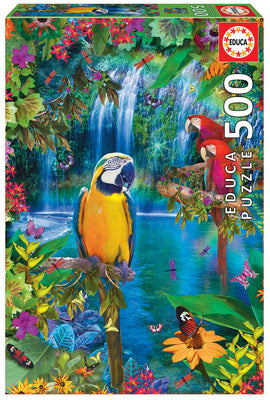 The BIRD TROPICAL LAND jigsaw puzzle by Educa features a vibrant tropical scene with colorful parrots and butterflies surrounded by lush greenery and a waterfall. This 500-piece puzzle invites you to immerse yourself in the beauty of nature while providing an enjoyable challenge for puzzle enthusiasts.