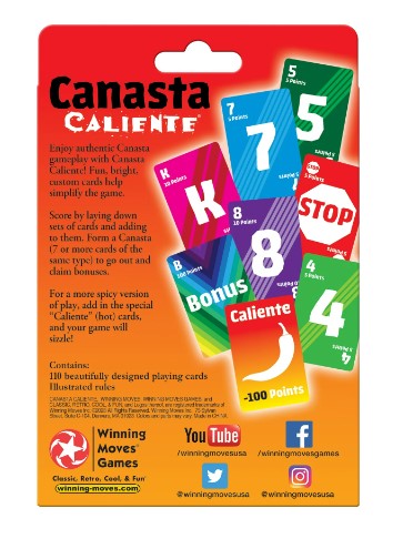 Canasta Caliente game packaging featuring vibrant playing cards. The back showcases rules with images of colorful cards, including 'Bonus' and 'Caliente' cards. Suitable for family game nights, this version of Canasta includes strategies to score by laying down cards. It's ideal for up to four players and promises engaging fun.