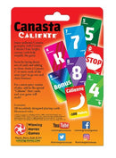 Canasta Caliente game packaging featuring vibrant playing cards. The back showcases rules with images of colorful cards, including 'Bonus' and 'Caliente' cards. Suitable for family game nights, this version of Canasta includes strategies to score by laying down cards. It's ideal for up to four players and promises engaging fun.