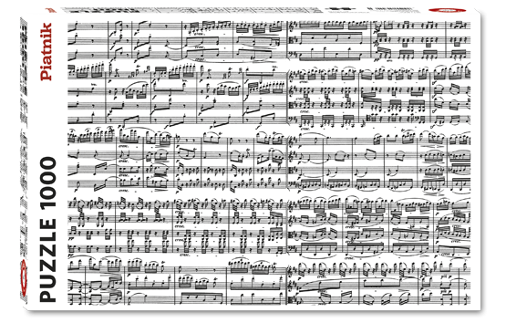 Piatnick 1000-piece jigsaw puzzle featuring a detailed print of musical sheet notes. The puzzle showcases intricately arranged music notes spread across multiple staves and measures, ideal for music lovers and puzzle enthusiasts alike.