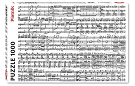 Piatnick 1000-piece jigsaw puzzle featuring a detailed print of musical sheet notes. The puzzle showcases intricately arranged music notes spread across multiple staves and measures, ideal for music lovers and puzzle enthusiasts alike.