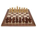 A beautifully crafted 12-inch walnut and maple chess set featuring intricately designed 2.75-inch chessmen. The board showcases alternating light and dark squares, enhancing the elegance of this classic game. Perfect for collectors and chess enthusiasts alike.