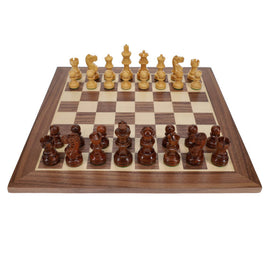A beautifully crafted 12-inch walnut and maple chess set featuring intricately designed 2.75-inch chessmen. The board showcases alternating light and dark squares, enhancing the elegance of this classic game. Perfect for collectors and chess enthusiasts alike.