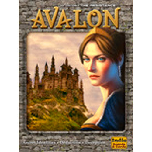 The Resistance: Avalon board game by Indie Boards and Cards, featuring a woman in period attire set against a medieval castle background. The game is designed for social deduction, where players assume hidden roles and strategize to achieve their objectives.