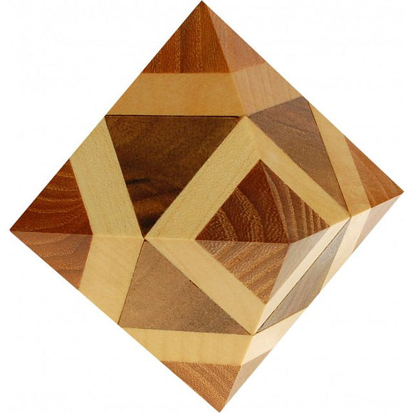 A wooden octahedron box puzzle featuring intricate geometric designs and various shades of wood. The puzzle pieces fit together seamlessly, showcasing craftsmanship and elegance. Ideal for puzzle lovers and collectors.