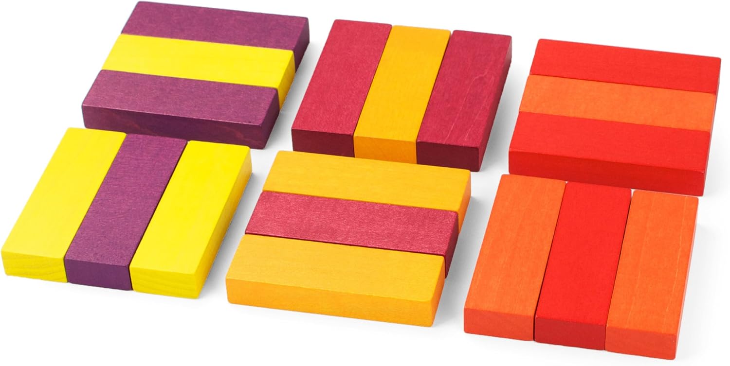 The Playable ART Coaster Cube SUN consists of a set of colorful wooden blocks in shades of purple, yellow, orange, and red. The blocks are arranged in a playful, abstract design, perfect for creative tabletop use or as a modern decorative item. Each block features smooth edges and a polished finish, making them safe for both children and adults.