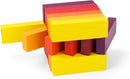The Playable ART Coaster Cube SUN features a vibrant design with interlocking wooden pieces in colors of yellow, orange, red, and purple. Each piece is uniquely shaped, allowing for creative construction and balance, perfect for fidgeting or as a decorative item.