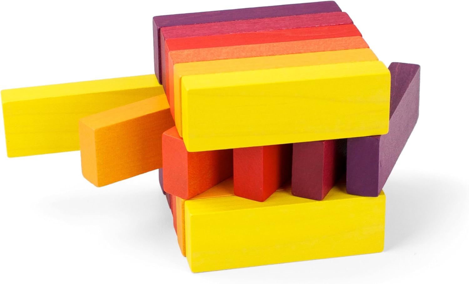 The Playable ART Coaster Cube SUN features a vibrant design with interlocking wooden pieces in colors of yellow, orange, red, and purple. Each piece is uniquely shaped, allowing for creative construction and balance, perfect for fidgeting or as a decorative item.