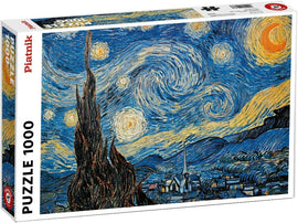 Jigsaw puzzle box featuring Van Gogh's iconic painting 'Starry Night.' The puzzle contains 1000 pieces and is manufactured by Piatnick. The artwork displays swirling blue skies, bright stars, and a peaceful village.