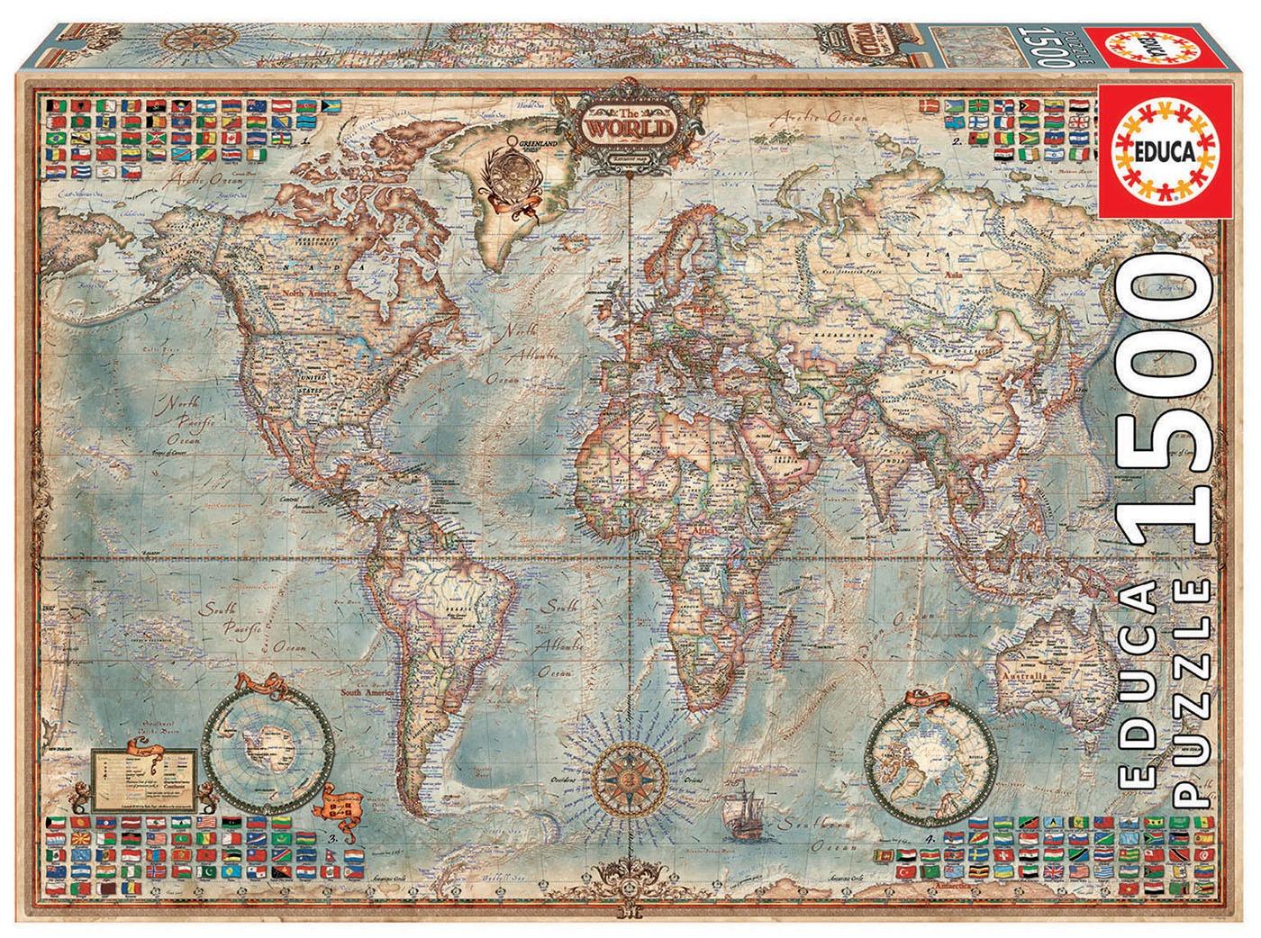 The POLITICAL MAP OF THE WORLD jigsaw puzzle by Educa features a detailed map of the world with 1500 pieces. It showcases various countries, oceans, and flags, with an antique design that highlights geographical features. Great for geography enthusiasts and puzzle lovers alike.