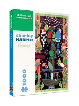 Birducopia jigsaw puzzle by Pomegranate, featuring an intricate and colorful artwork by Charley Harper, depicting various kinds of birds amidst lush foliage. The box displays the puzzle title clearly along with a hint of the vibrant design that awaits inside. This 1000-piece puzzle invites creativity and relaxation for puzzle enthusiasts of all ages.