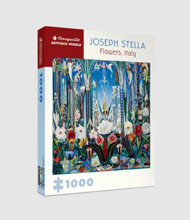 Pomegranate jigsaw puzzle featuring 'Flowers, Italy' by Joseph Stella, showcasing a vibrant and colorful floral design with a rich blue background. The puzzle contains 1000 pieces, perfect for art lovers and puzzle enthusiasts.