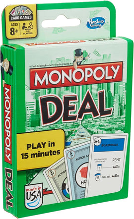 Monopoly Deal Card Game by Hasbro Inc. featuring a vibrant green packaging. The cover displays iconic Monopoly elements including game cards and the classic Monopoly Man. Promotes fast-paced gameplay designed for 2-5 players, ages 8 and up, with a playtime of just 15 minutes.