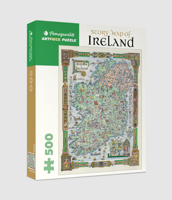 Pomegranate 500-piece jigsaw puzzle featuring a beautifully illustrated story map of Ireland. The box showcases intricate designs and vibrant colors, depicting various landmarks, historical figures, and cultural elements associated with Ireland, perfect for puzzle enthusiasts and history lovers alike.