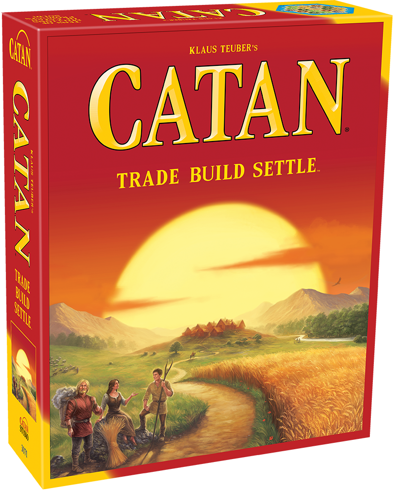 A picture of the box for the game "Catan." It is a bright red box with yellow lettering.