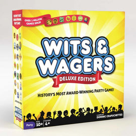 Wits & Wagers Deluxe Edition game box by North Star Games. The box features a vibrant yellow background with the game title prominently displayed in blue. It highlights that it is an award-winning party game, designed for ages 10 and up, for 4 or more players. The sides of the box showcase various awards and accolades, emphasizing its popularity with over 3 million games sold.