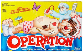 The game 'Operation' by Hasbro, featuring a cartoonish character with various ailments laid out on a bright box. The box displays playful graphics, including a doctor and tools, emphasizing the challenge of removing ailments without setting off the buzzer.