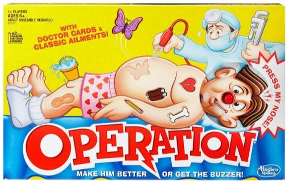 The game 'Operation' by Hasbro, featuring a cartoonish character with various ailments laid out on a bright box. The box displays playful graphics, including a doctor and tools, emphasizing the challenge of removing ailments without setting off the buzzer.
