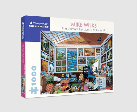The Ultimate Alphabet: The Letter P jigsaw puzzle by Pomegranate features a colorful and detailed artwork by Mike Wilks. The image depicts a whimsical and intricate room filled with various artistic elements related to the letter P, including animals and plants. It showcases a creative scene with a person drawing at an easel, surrounded by an array of colorful items and artwork displayed on the walls.
