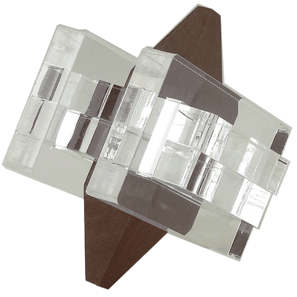 Pulsar Burr puzzle by Mr. Puzzle, showcasing a combination of acrylic and wood in a unique, interlocking design. The two clear acrylic pieces are arranged around a central wooden piece, highlighting the intricate mechanics of the puzzle, perfect for enthusiasts and collectors.