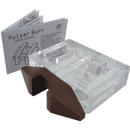 Pulsar Burr mechanical puzzle by Mr. Puzzle featuring a combination of transparent acrylic and wood elements. The puzzle includes a guide booklet explaining how to assemble the five interconnected pieces into a star-shaped configuration. The base is crafted from brown wood, while the intricate transparent components show a clever design that combines aesthetic appeal with a challenging mechanical experience.