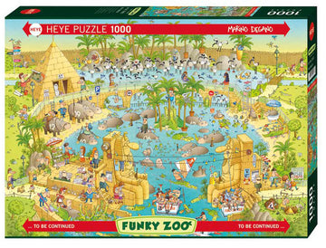 The Nile Habitat jigsaw puzzle by Heye features a vibrant and whimsical scene depicting a lively zoo with elephants, people, and tropical plants. The intricate design invites puzzlers to explore a variety of playful elements, including animals and fun activities set against a backdrop of a pyramid and a waterway filled with wildlife. It's designed for adults and children aged 12 and up, offering a creative challenge for family bonding or solo enjoyment.