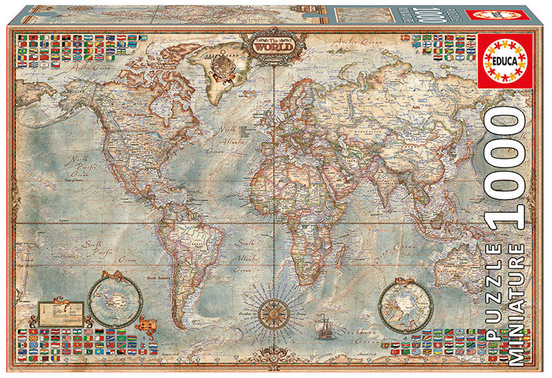 Educa Political Map of the World jigsaw puzzle featuring a detailed vintage-style map. The puzzle depicts countries, oceans, and geographical features, making it a perfect educational tool. It includes a total of 1000 pieces for hours of engaging fun and skill-building.