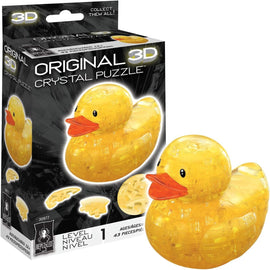 3D Crystal Rubber Duck Jigsaw Puzzle by bePuzzled, featuring a clear yellow rubber duck design with 43 pieces, suitable for ages 12 and up. The packaging displays the puzzle with intriguing pieces visible and the product logo.