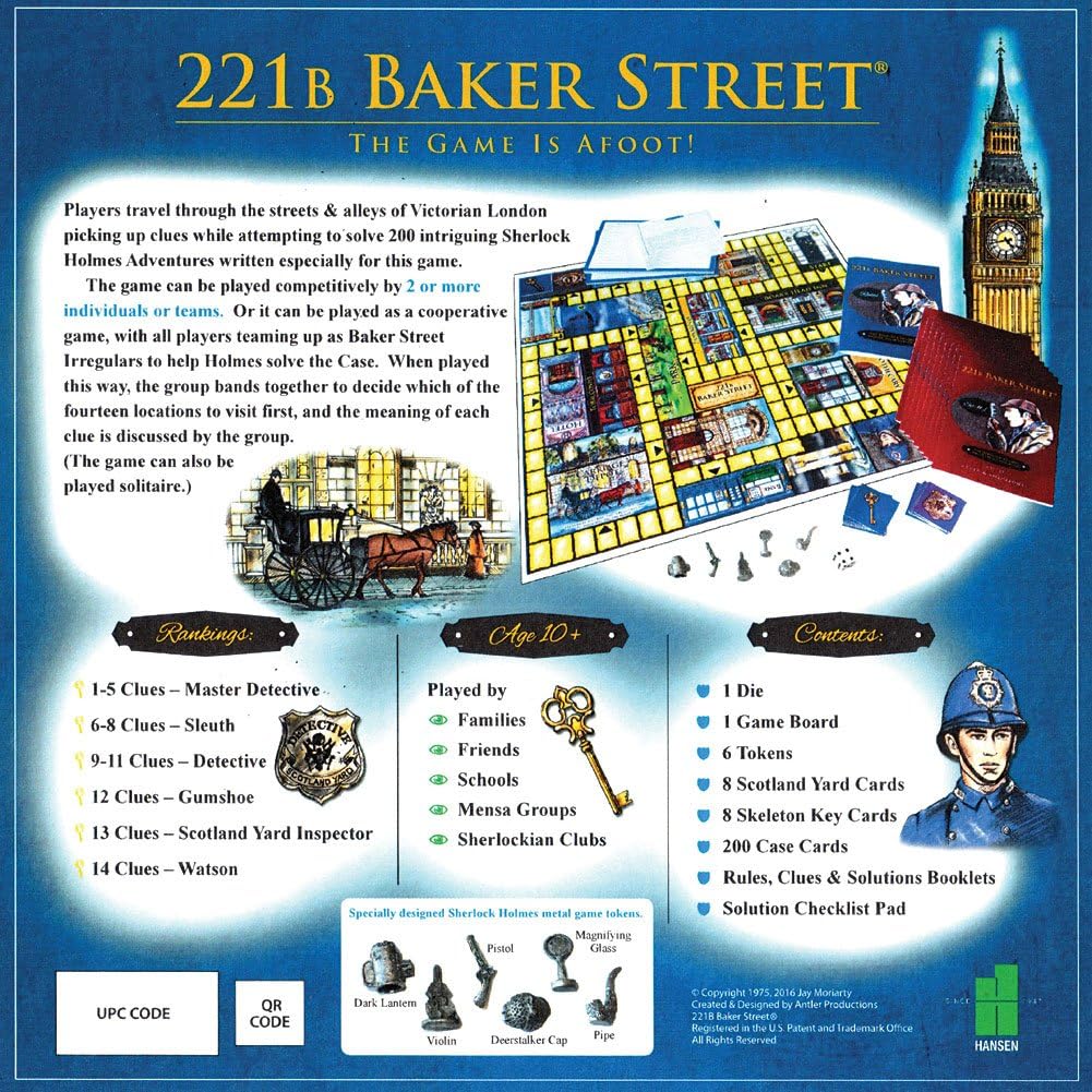 221B Baker Street: The Master Detective Game board displayed, featuring a colorful game board, tokens, and cards. The game is set in Victorian London, encouraging players to solve clues and engage in cooperative gameplay. Suitable for ages 10 and up, it can accommodate 2 or more players, promoting teamwork as they work together to assist Sherlock Holmes.