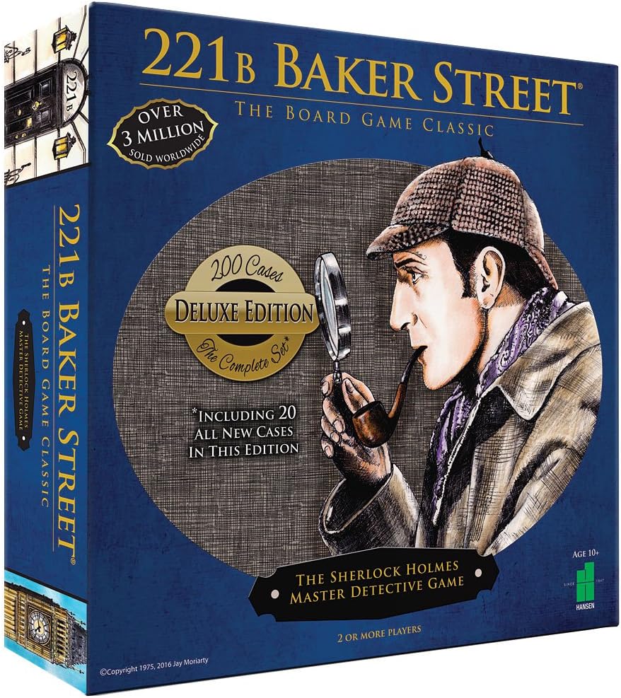 The 221B Baker Street: The Master Detective Game box featuring classic artwork of Sherlock Holmes. The deluxe edition includes 200 cases, with 20 all-new cases added. Ideal for ages 10 and up, perfect for 2 or more players. Highlighting over 3 million copies sold worldwide.