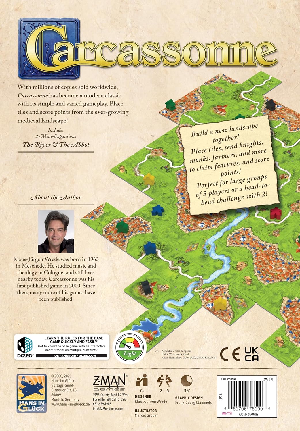 The game Carcassonne by Z-Man Games showcases vibrant artwork depicting a medieval landscape. The back cover features tile placement instructions, game icons, and information about the game designer, Klaus-Jürgen Wrede. It includes elements like cities, rivers, and fields with game pieces in various colors, inviting players to build their landscape and score points. The design emphasizes strategic gameplay for 2 to 5 players with a time commitment of around 35 minutes.