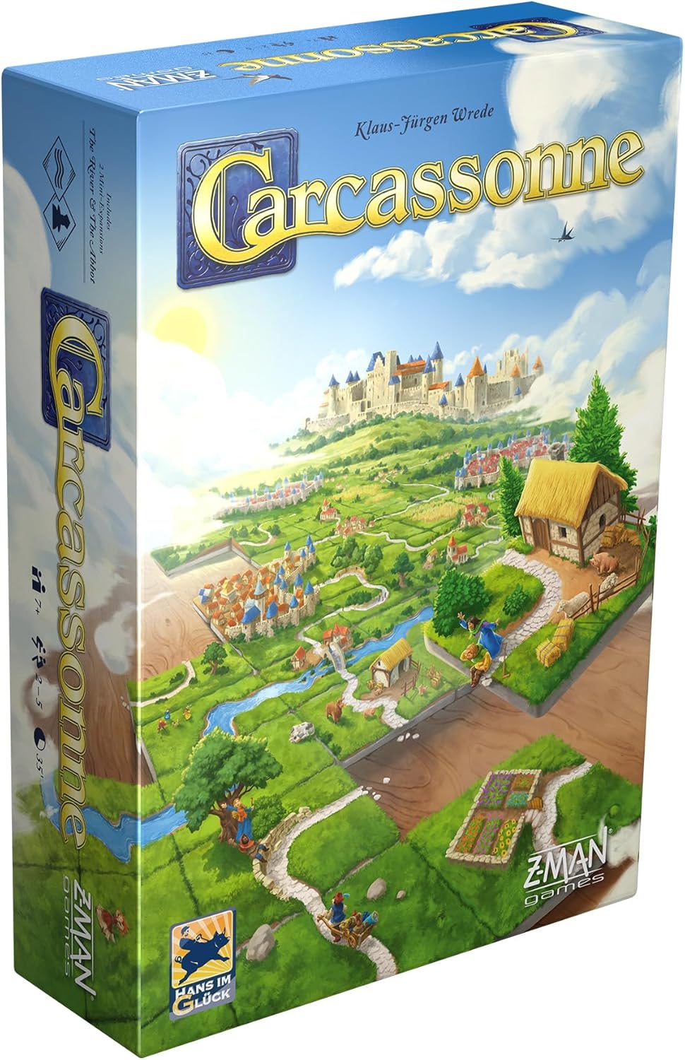 Carcassonne board game box featuring a colorful landscape illustration. The box shows a medieval village with winding rivers, fields, and a castle in the background. The artwork includes small figures interacting within the countryside, highlighting the strategic tile-placement gameplay. The game is published by Z-Man Games and designed by Klaus-Jürgen Wrede.