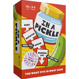 In a Pickle game by Gamewright, featuring a pickle jar on the box along with various game cards. The design is colorful and playful, indicating a fun party game for ages 10 and up, suitable for 2 to 6 players.