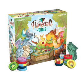 Board game box for 'Flamecraft Duels' with colorful dragon figures and game pieces on a white background