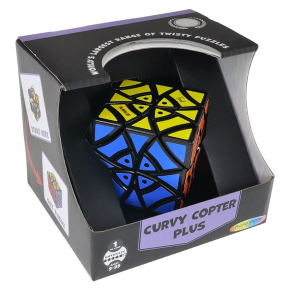 Curvy Copter Plus mechanical puzzle by Mefferts, featuring a vibrant design with yellow, blue, and black colors. The puzzle is packaged in an eye-catching box showing the Curvy Copter Plus with a difficulty rating for puzzle enthusiasts of all ages.