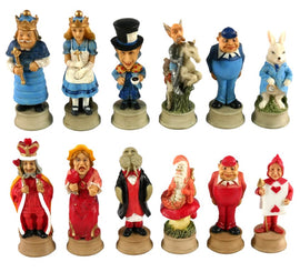 A collection of whimsical figurines representing characters from Alice in Wonderland, including the Queen, the Mad Hatter, and the March Hare, each intricately designed and painted, standing on circular bases.